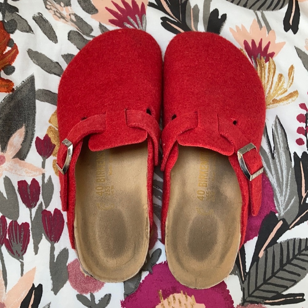 Red Wool Birkenstock Clogs
